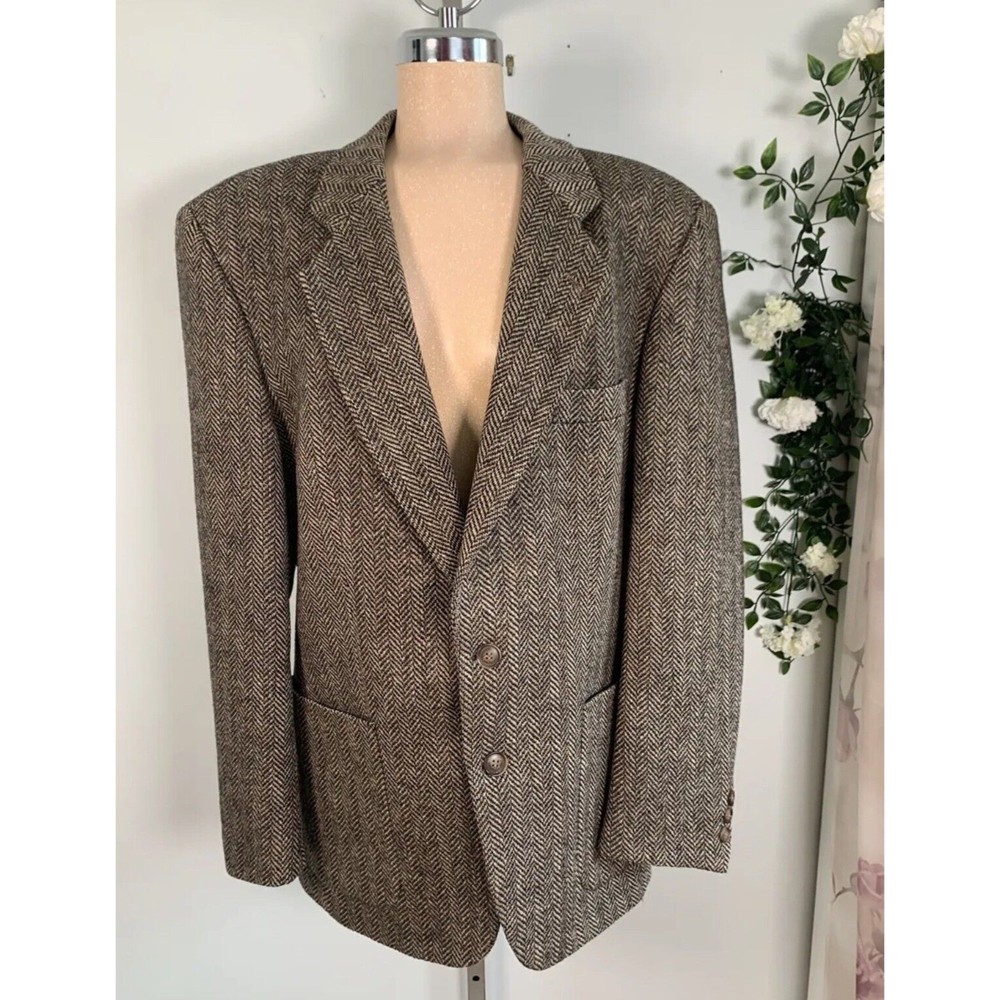 Vintage Serge Saint Yves Wool Herringbone Double Breasted Brown Blazer Size R42